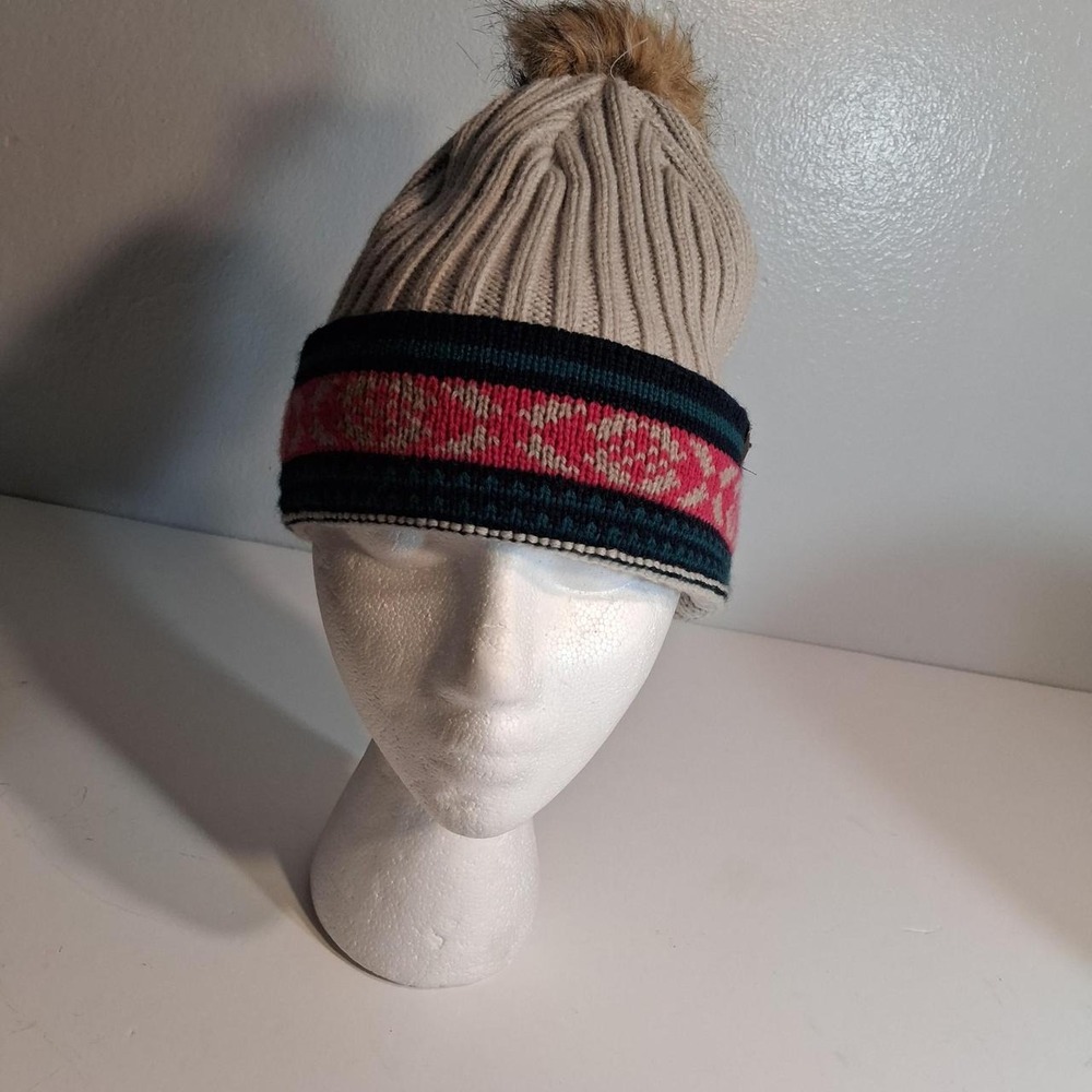 Womens‎ Bass Pro Shops cream pink and green knit beanie with pom pom